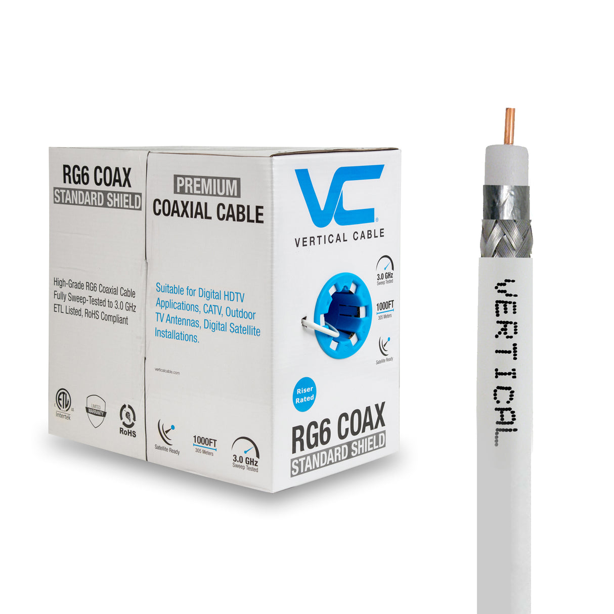 Vertical Cable (RG6U Standard Shield) RG6 Coax, 18AWG CCS Conductor, Standard Shield, Reel-in-Box, 1000ft, White / Black