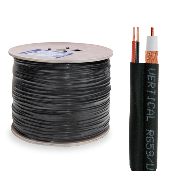 Vertical Cable (RG59-18/2 Siamese Copper Clad) 20AWG RG59 Siamese + 18AWG Power Cables, Cooper Clad Shielded Conductor, Wooden Spool, 1000ft, White