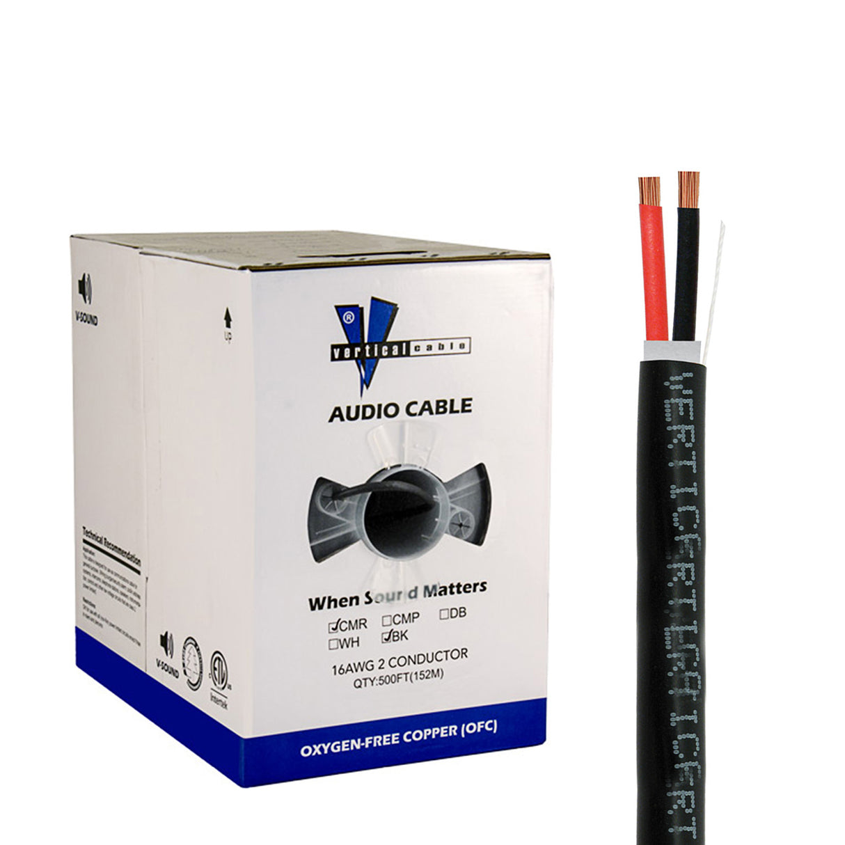 Vertical Cable (16/2 Direct Burial Speaker Cable) 16AWG, 2 Conductor, Direct Burial, Stranded (65 Strand) Pull Box, 500ft, Black