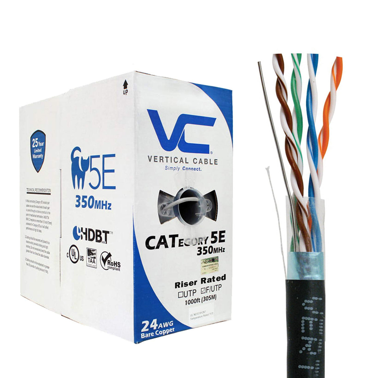 Vertical Cable (CAT5E Shielded) 24AWG, Solid Bare Copper, Pull Box, 1000ft, Black