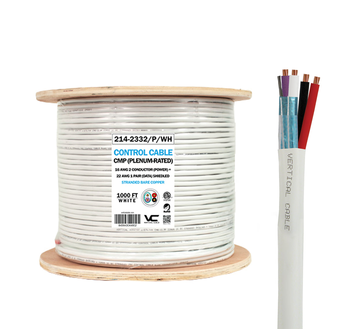 Vertical Cable (Lightning Control System Cable Plenum )16/2 (Power) + 22/2 (Data Pair) CL3P, CMP Plenum Rated, Shielded, Stranded, Bare Copper Conductors, Overall PE Tape, White, 1000 ft, Wooden Spool.