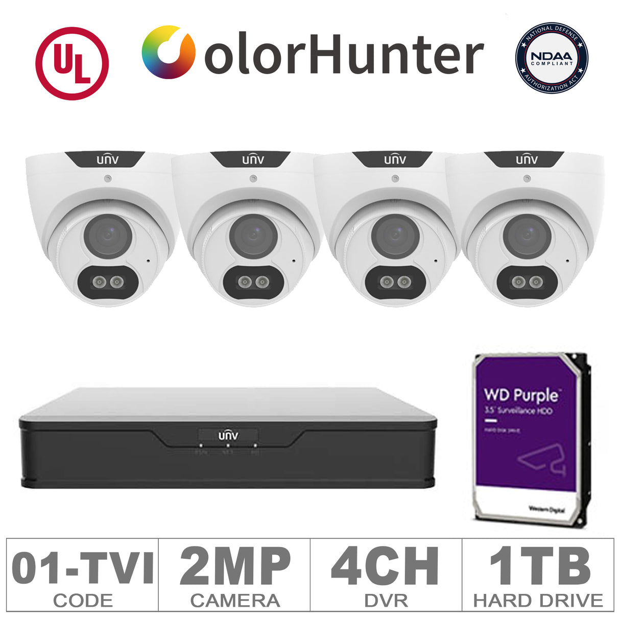 UNV KIT-TVI/01 (4 TVI Cameras 2MP + 1-WD/1-TB + 1-DVR/4-CH)