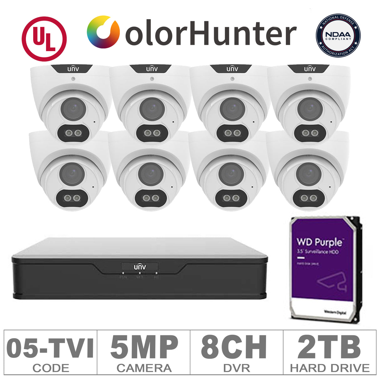 UNV KIT-TVI/05 (8 TVI Cameras 5MP + 1WD/2-TB + 1 DVR/8-CH)