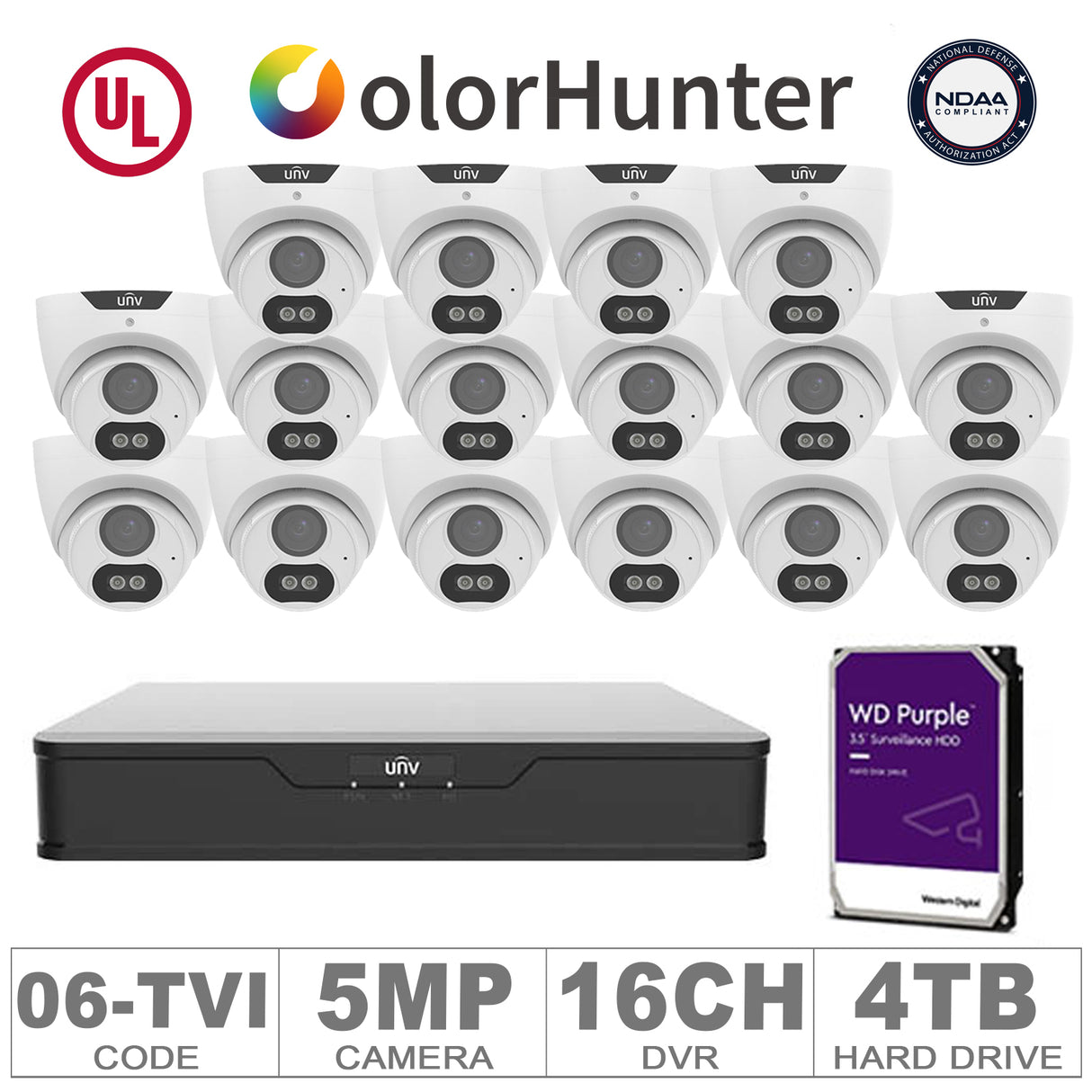 UNV KIT-TVI/06 (16 TVI Cameras 5MP + 1-WD/4-TB + 1-DVR/16-CH)