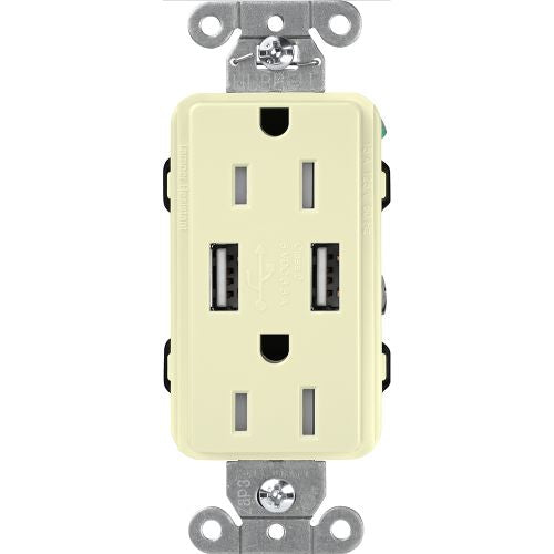 Lutron Claro CAR-15-UBTR, 15A Tamper Resistant Receptacle - Dual USB Type A