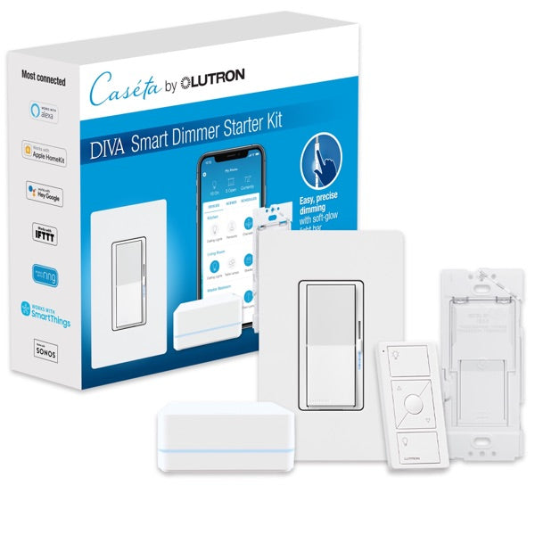 Lutron DVRF-BDG-1D, Diva Smart Dimmer Switch Starter Kit for Caseta Smart Lighting, with Smart Hub and Pico Remote