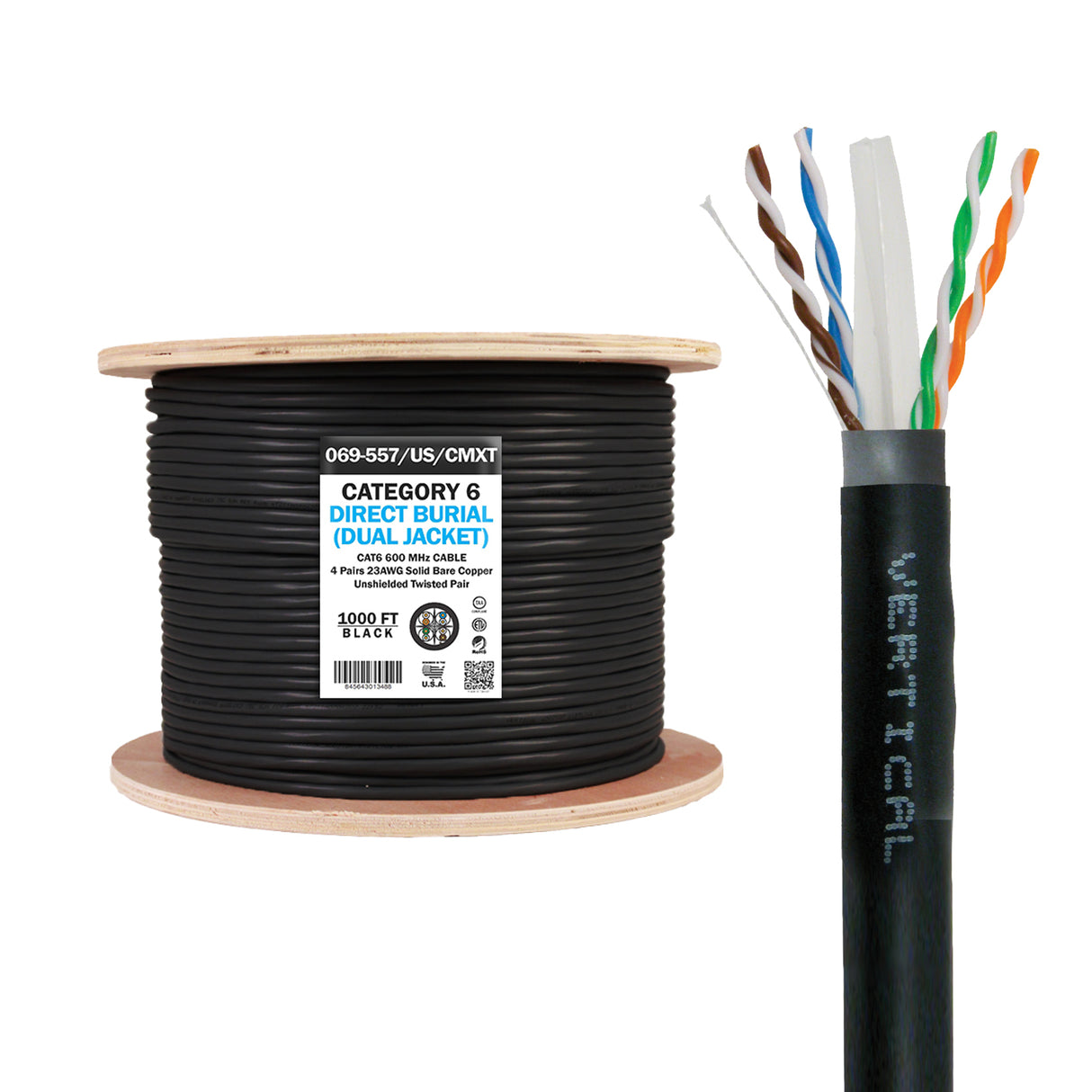 Vertical Cable (CAT6 Direct Burial) 23AWG, Solid Bare Copper, Wooden Spool, 1000ft, Black
