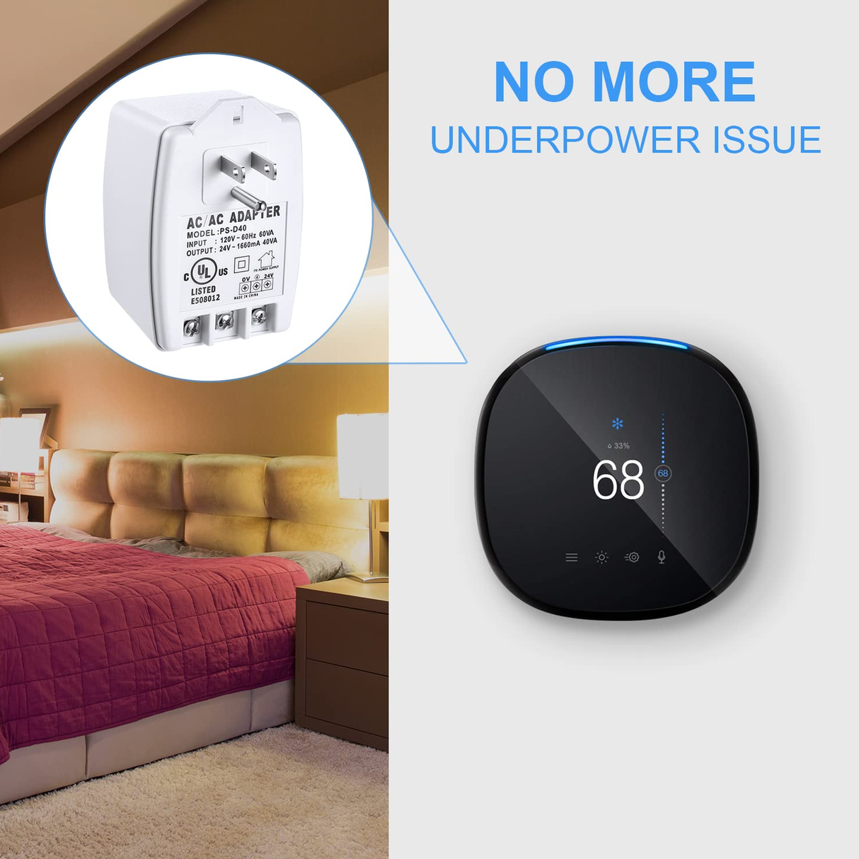 Acegear 24VAC, 40 VA AC Transformer Plug in with PTC Fuse Compatible with Ring Nest Doorbell UL Listed