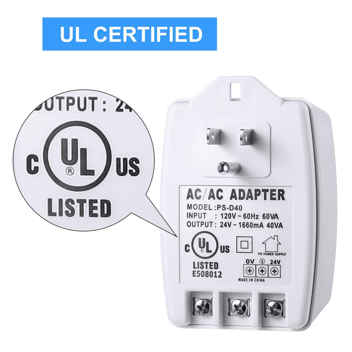 Acegear 24VAC, 40 VA AC Transformer Plug in with PTC Fuse Compatible with Ring Nest Doorbell UL Listed