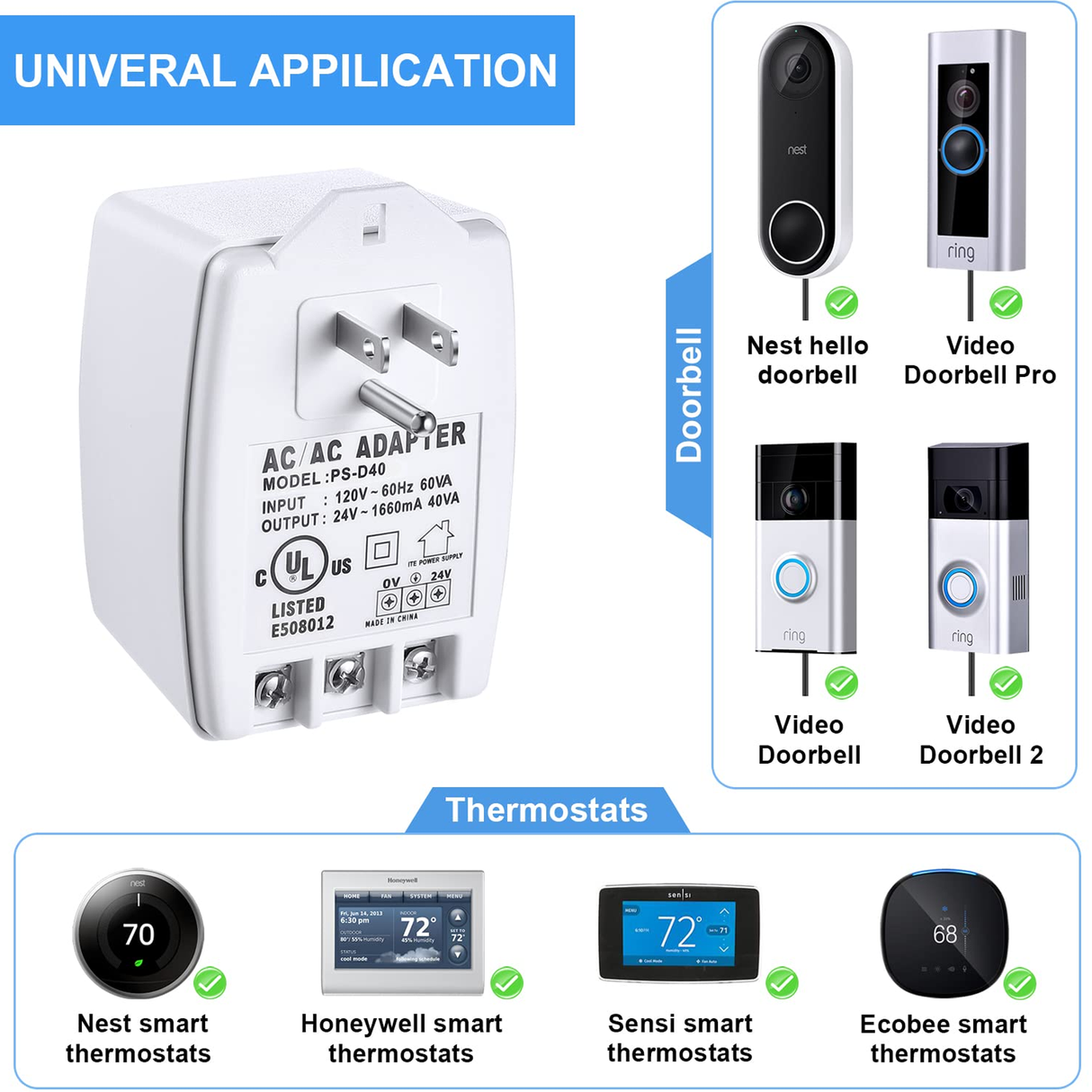 Acegear 24VAC, 40 VA AC Transformer Plug in with PTC Fuse Compatible with Ring Nest Doorbell UL Listed