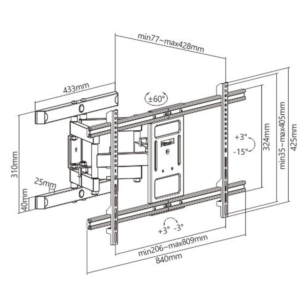 Rhino Mounts A4390HD, Articulating, 43" - 90", Heavy Duty Full Motion TV Mount, Up to 77lbs / Profile: 49~615mm