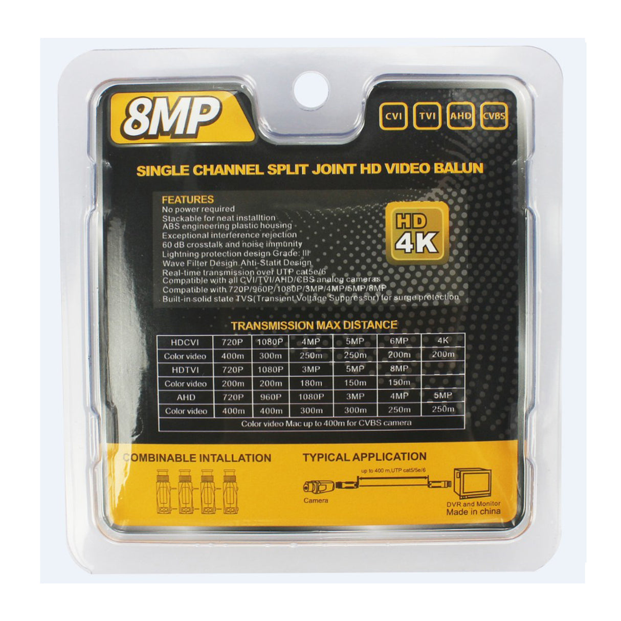 Acegear VB8MP02 - 8MP HD Attachable Design, Passive Balun, Level3 Lighting Protection, Support HD-CVI/AHD/TVI/CVBS Signal (Pair)