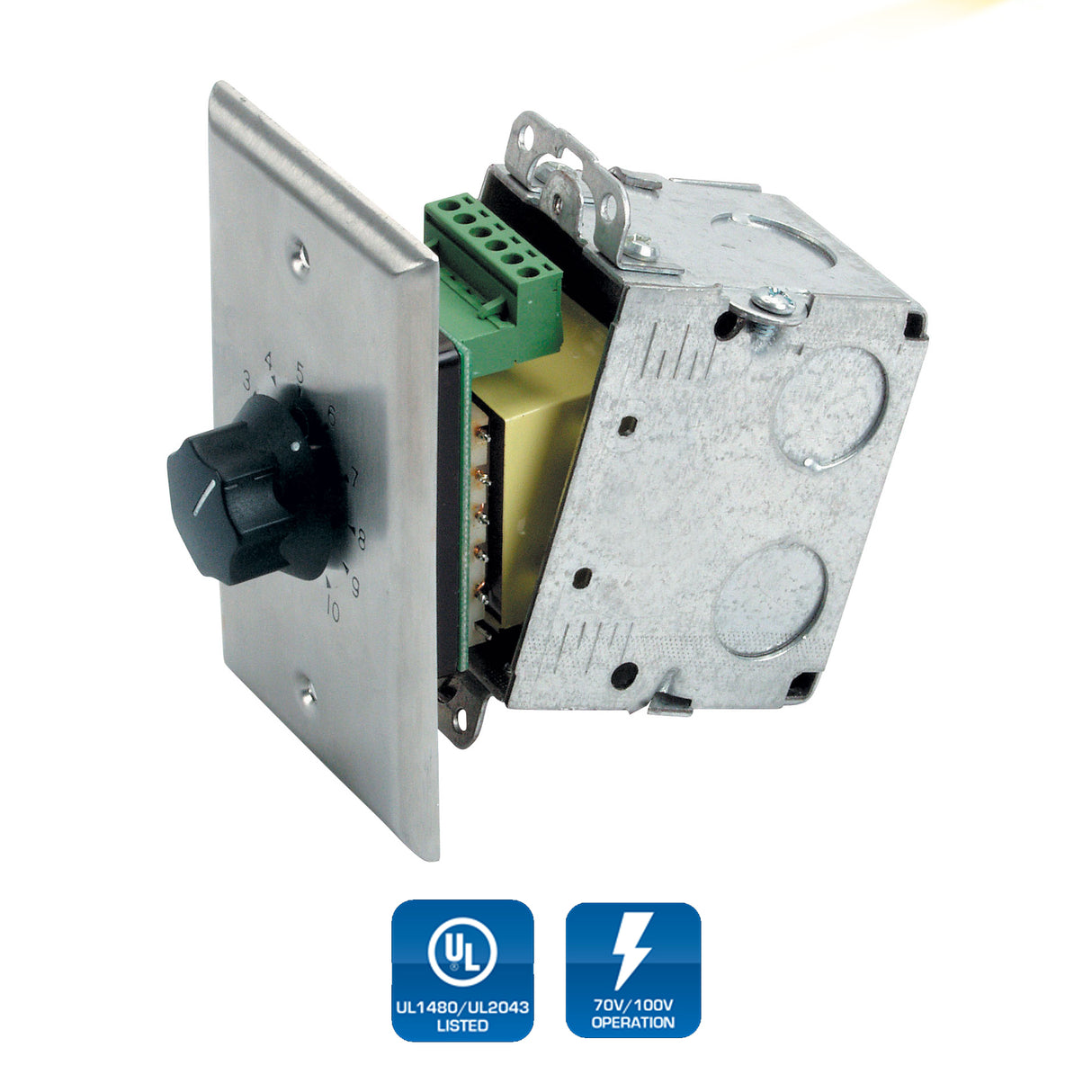 AtlasIED AT10 / Single Gang Staninless Steel 70.7V Commercial Attenuador (10-Watt)