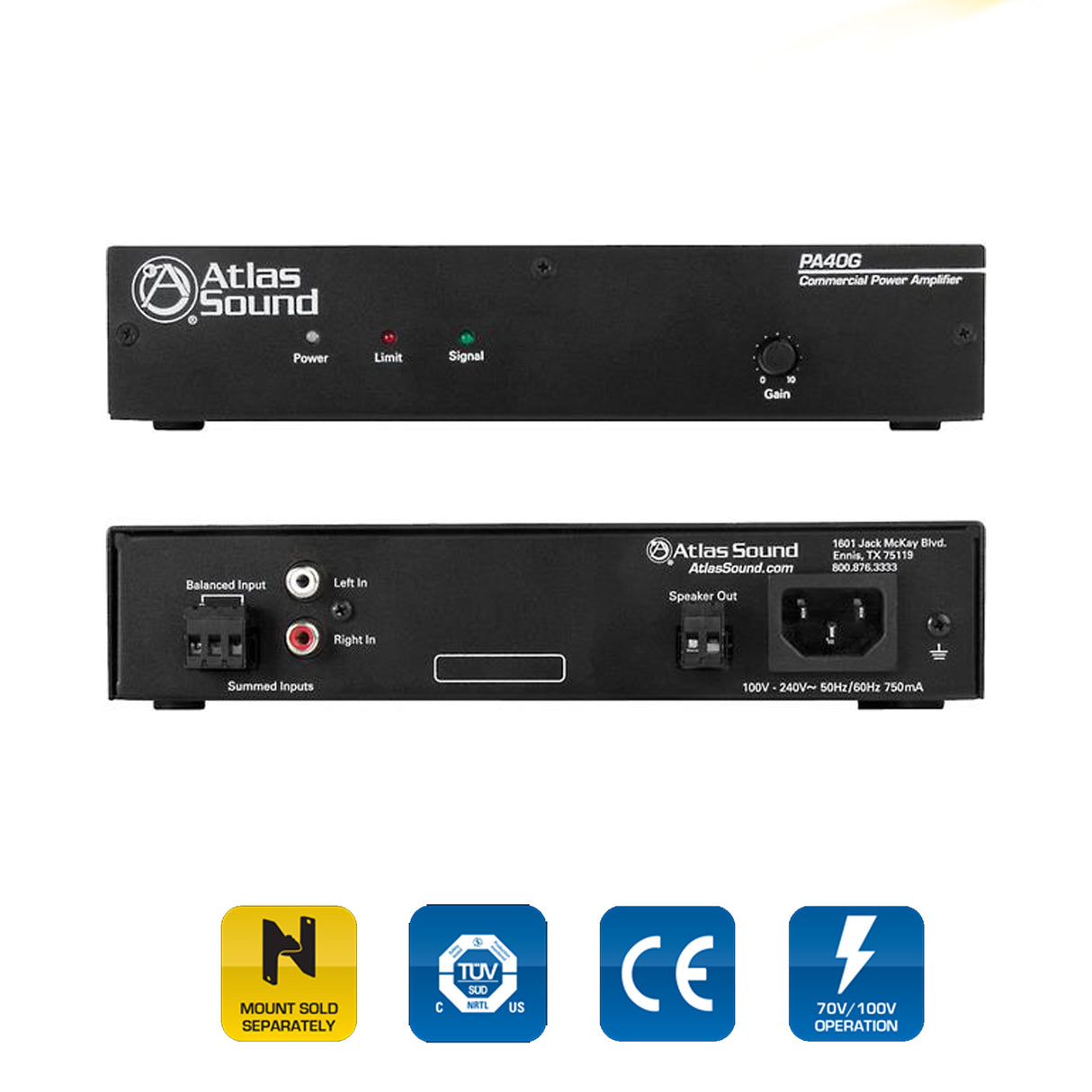AtlasIED PA40G / SINGLE CHANNEL, 40-WATT POWER AMPLIFIER WITH GLOBAL POWER SUPPLY