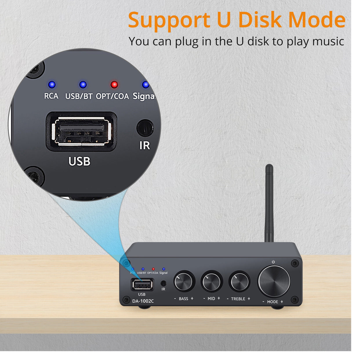 GAIA GV-DA002C, 2-Channel Class D / Digital Amp, Bluetooth-Compatible Audio Amplifier, With UISB Port, Optical and Coax Audio, Each Channel 100W.