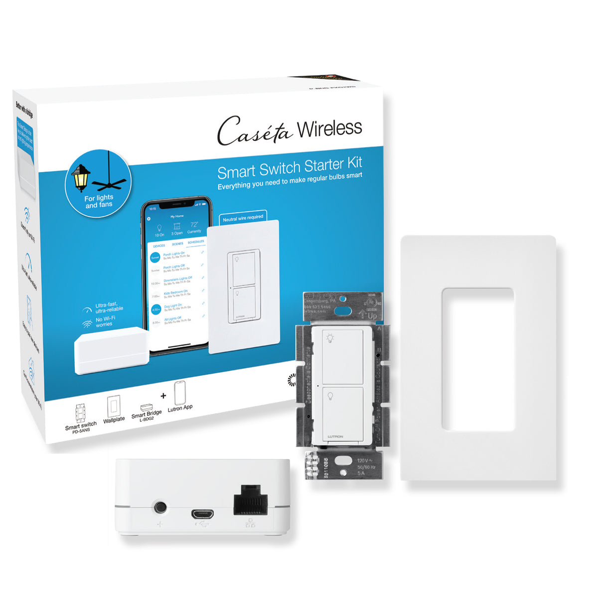 Lutron P-BDG-PKG1WS, Caseta Wireless in-wall dimmer, Smart Bridge, and Pico remote control kit
