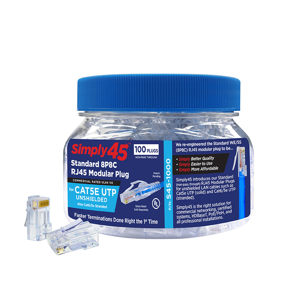 Simply45 CAT5E UTP (S45-1000) STANDARD, RJ45 Modular Plugs, Blue Tint - (100pcs/Jar)