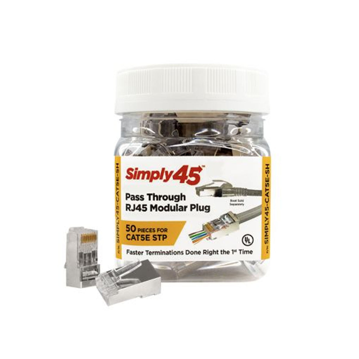 Simply45 CAT5E STP (S45-1550) PASS THROUGH SHIELDED, RJ45 Modular Plug (internal ground) - (50pcs/Jar)