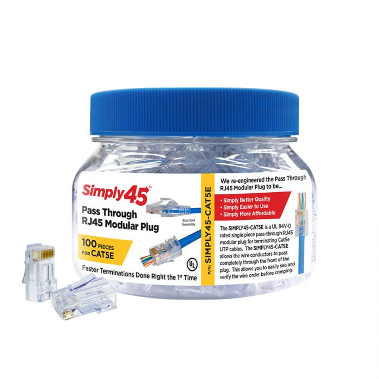Simply45 CAT5E UTP (S45-1500) PASS THROUGH, RJ45 Modular Plugs, Blue Tint - (100pcs/Jar)