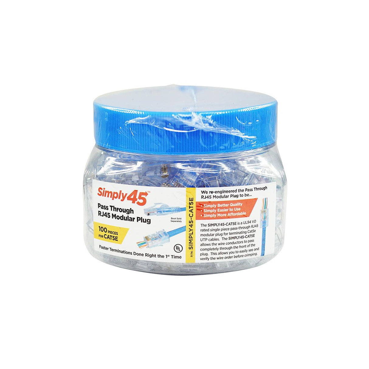 Simply45 CAT5E UTP (S45-1500) PASS THROUGH, RJ45 Modular Plugs, Blue Tint - (100pcs/Jar)
