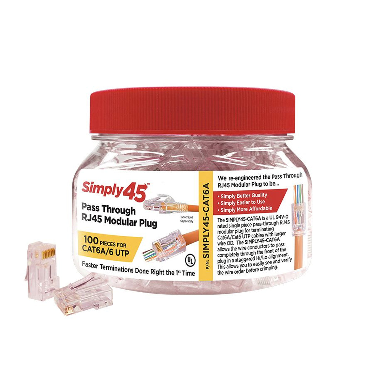Simply45 CAT6/6A UTP (S45-1700) PASS THROUGH, RJ45 Modular Plug, Tint Hi/Lo Stagger with Cap45™ - (100pcs/Jar)