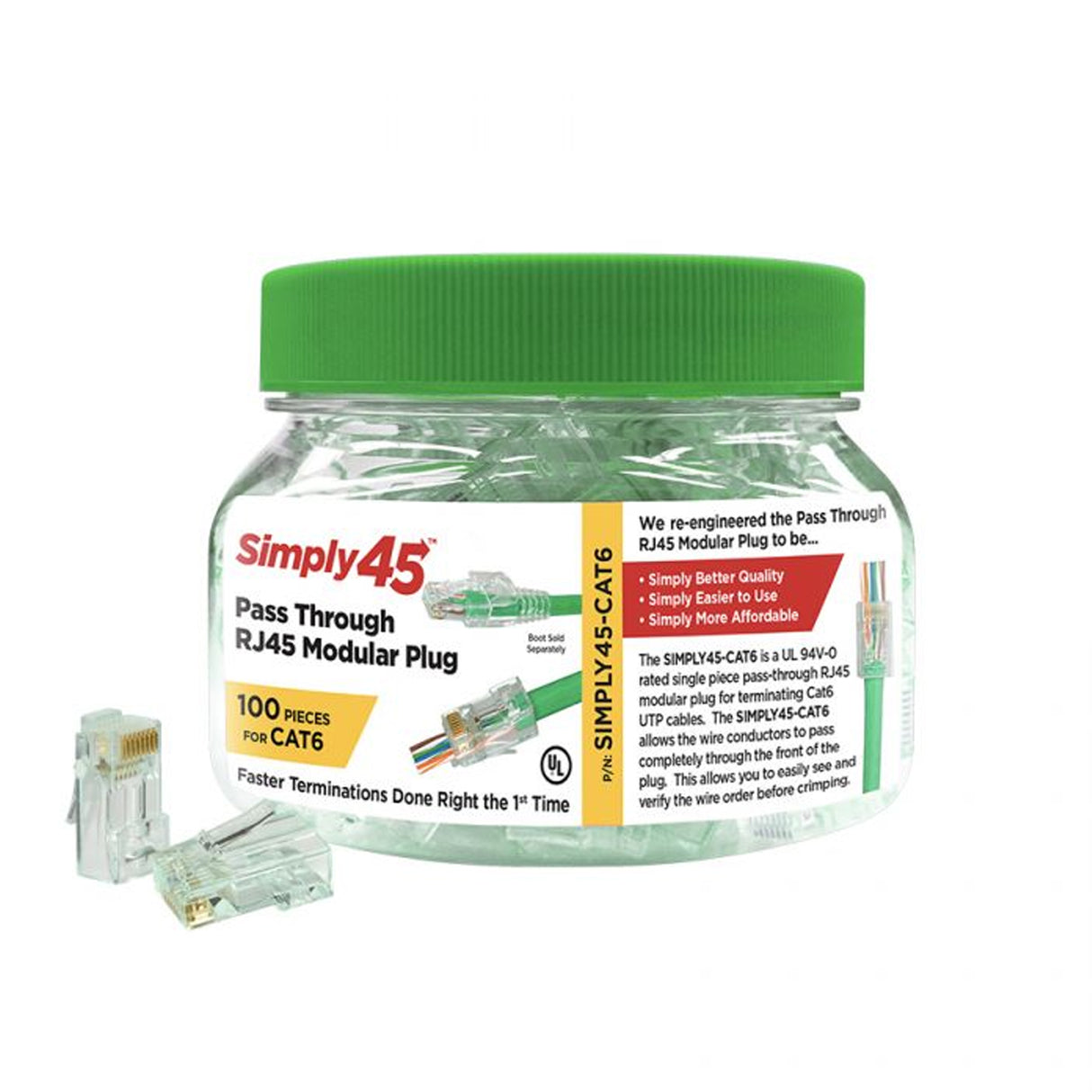 Simply45 CAT6 UTP (S-45-1600) PASS THROUGH, RJ45 Modular Plug, Green Tint, (100pcs/Jar)