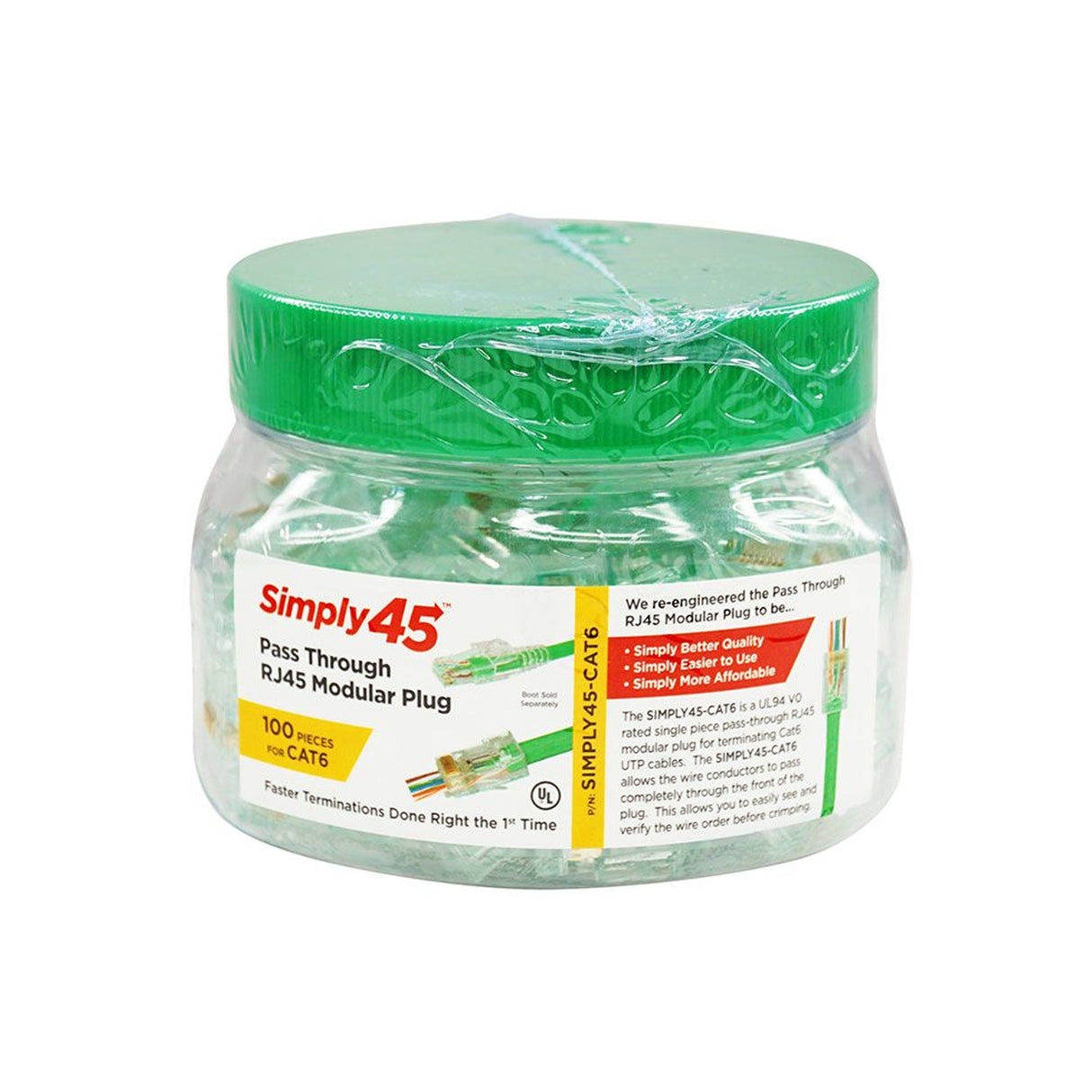Simply45 CAT6 UTP (S-45-1600) PASS THROUGH, RJ45 Modular Plug, Green Tint, (100pcs/Jar)