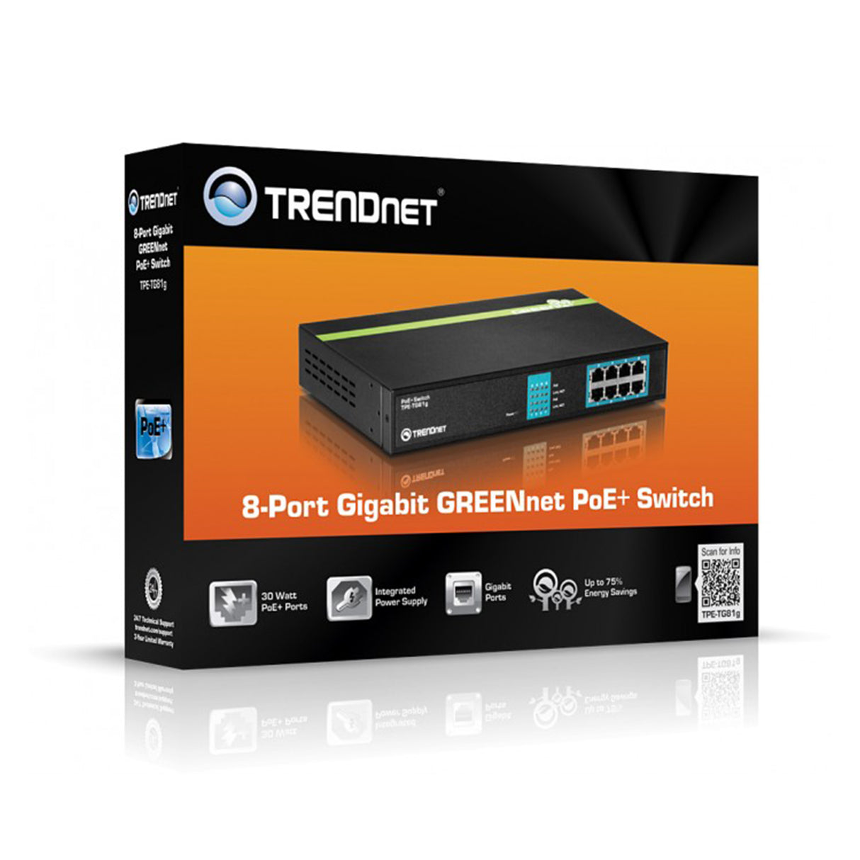 TRENDnet TPE-TG81g 8-port Gigabit GREENnet PoE+ Switch, rack mountable