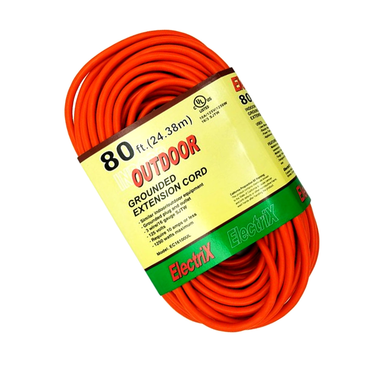 Uninex EC16100 UL Extension Cord 16 Gauge, 80 ft / 24.36m, 1- Outlets, Outdoor (Orange)