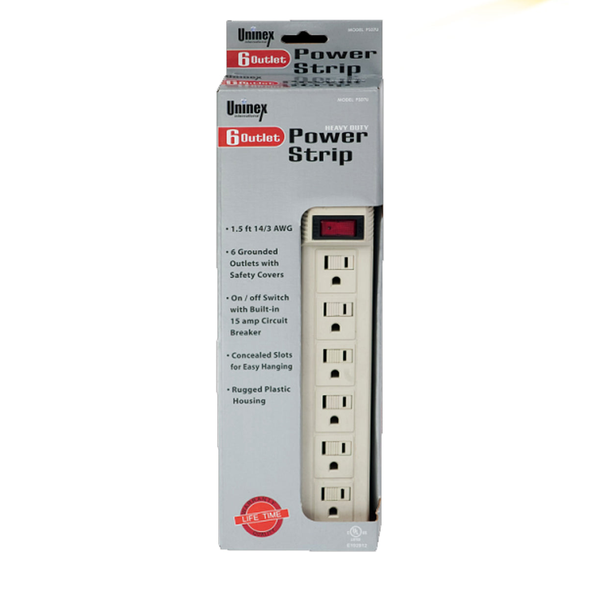 Uninex PS07U Power Strip 1.5 ft 14/3 AWG 6 Outlets HEAVY DUTY (White)