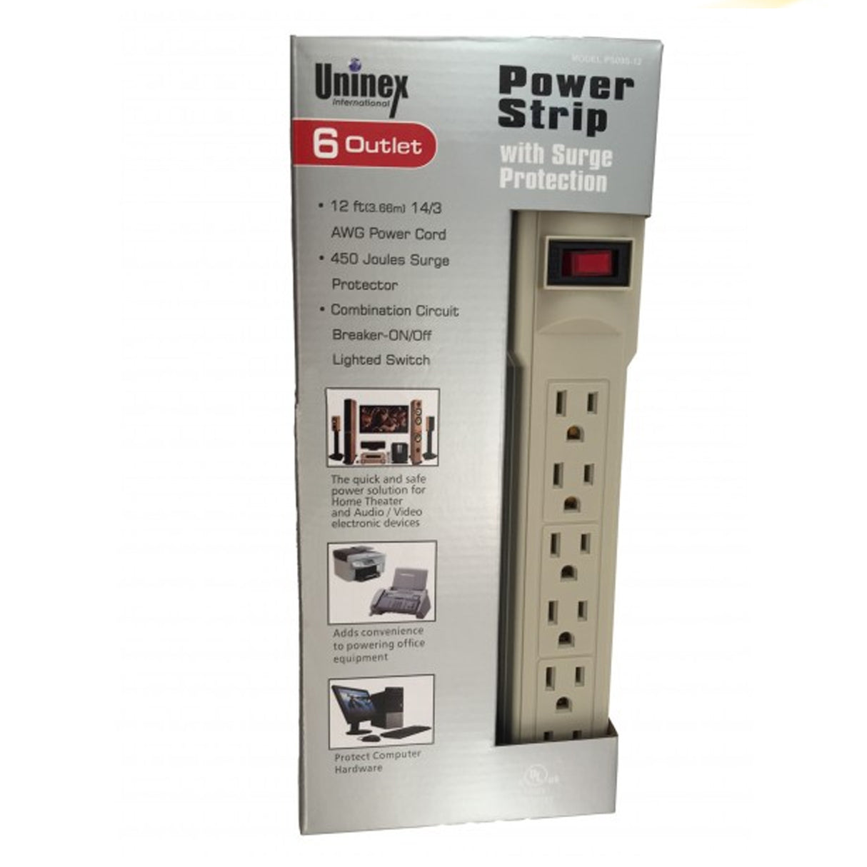 Uninex PS09S-12 Surge Protection 6 Outlet, 12 Ft, 14 Gauge Cord Power Strip