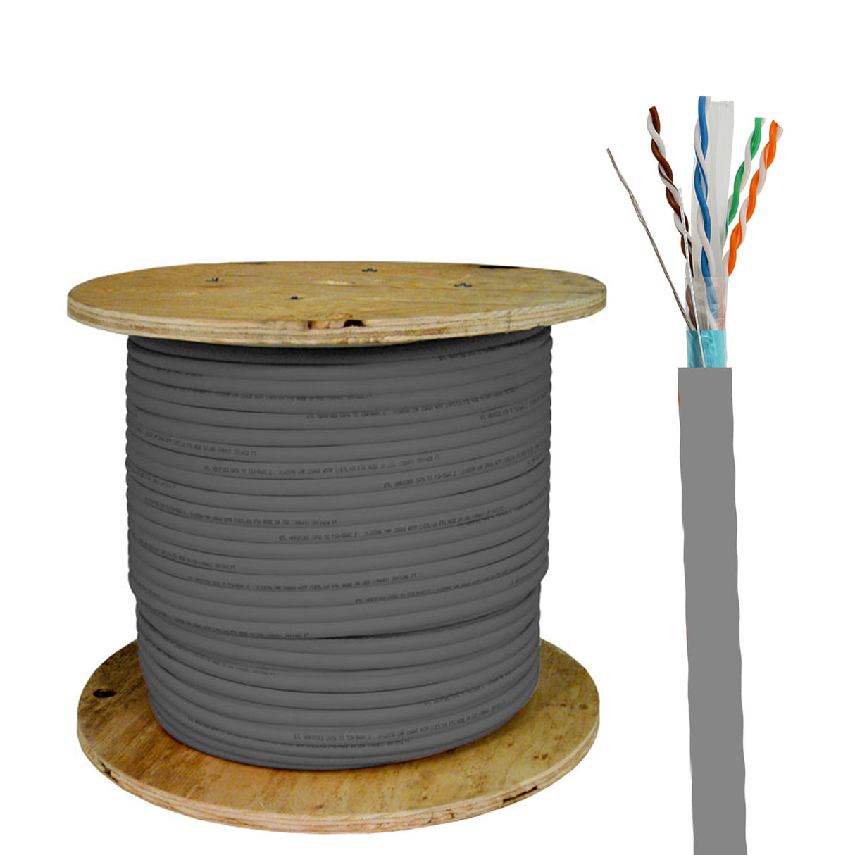 Vertical Cable (CAT6 Shielded) 23 AWG, Solid Bare Copper, Shielded, Wooden Spool, 1000ft, Gray
