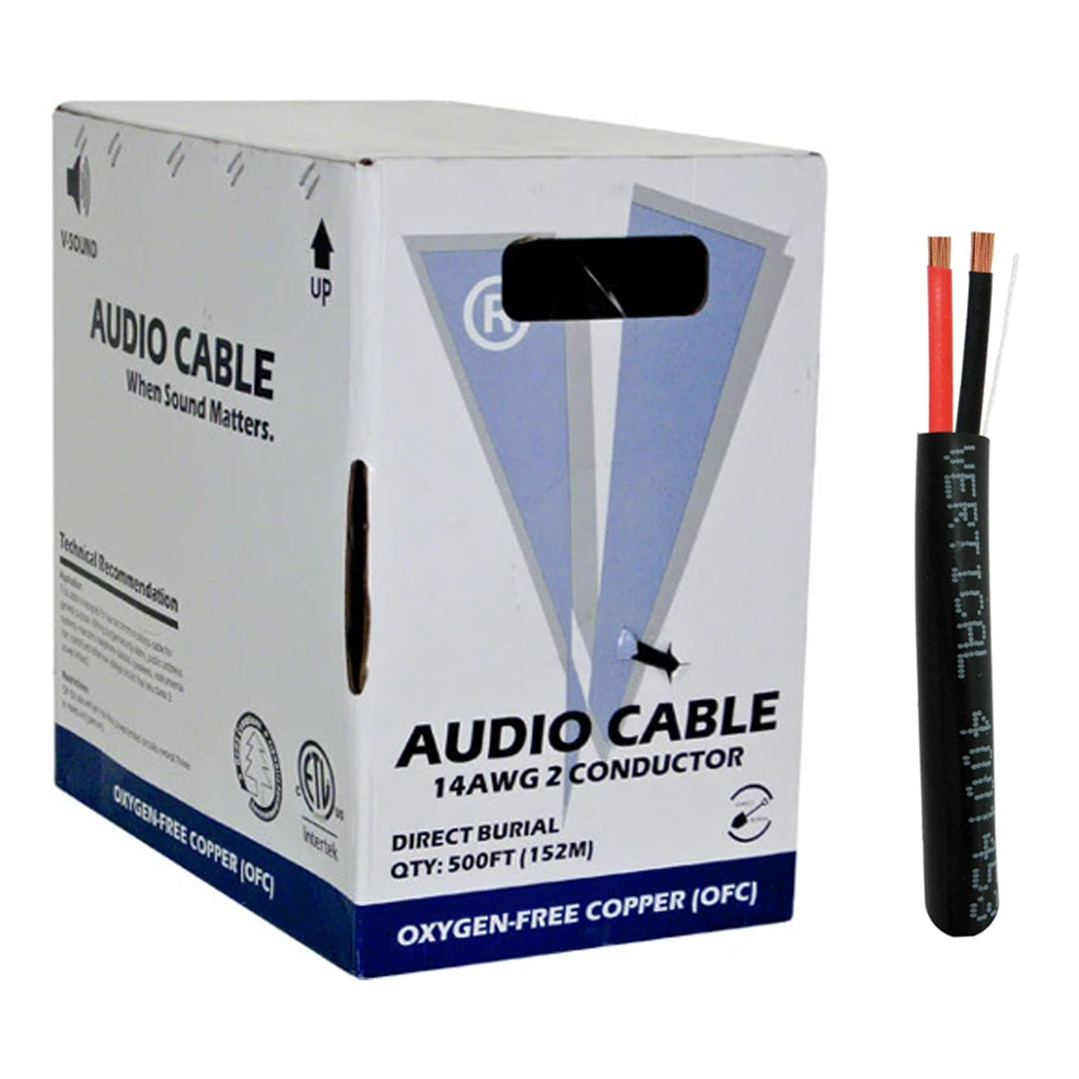 Vertical Cable (14/2 Direct Burial Speaker Cable) 14AWG, 2 Conductor, Direct Burial, Stranded (105 Strand) Pull Box, 500ft, Black