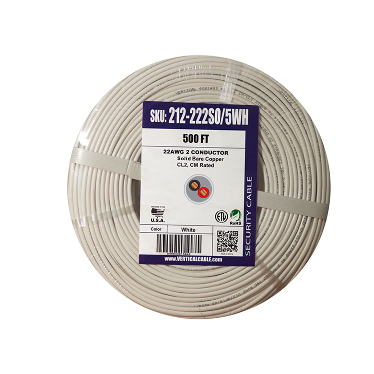 Vertical Cable (22/2 Alarm-Security Cable) 22AWG, 2 Conductor, Stranded, Coil Pack, 500ft, White