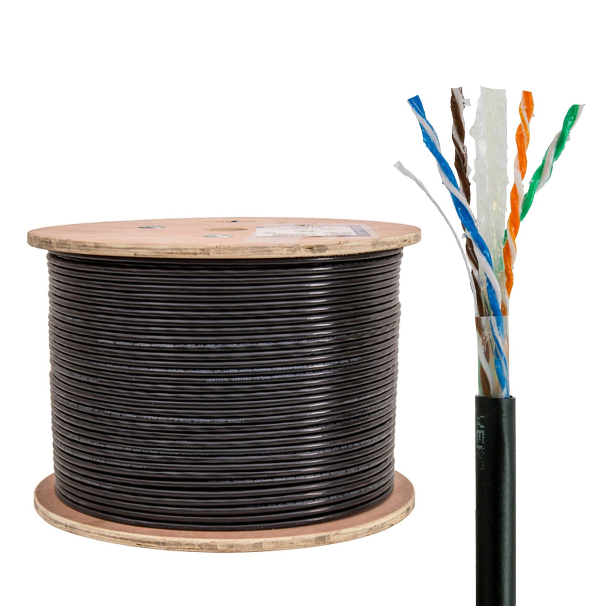 Vertical Cable (CAT6 Direct Burial) 23 AWG, Solid Bare-Copper, Wooden Spool,1000ft, Black