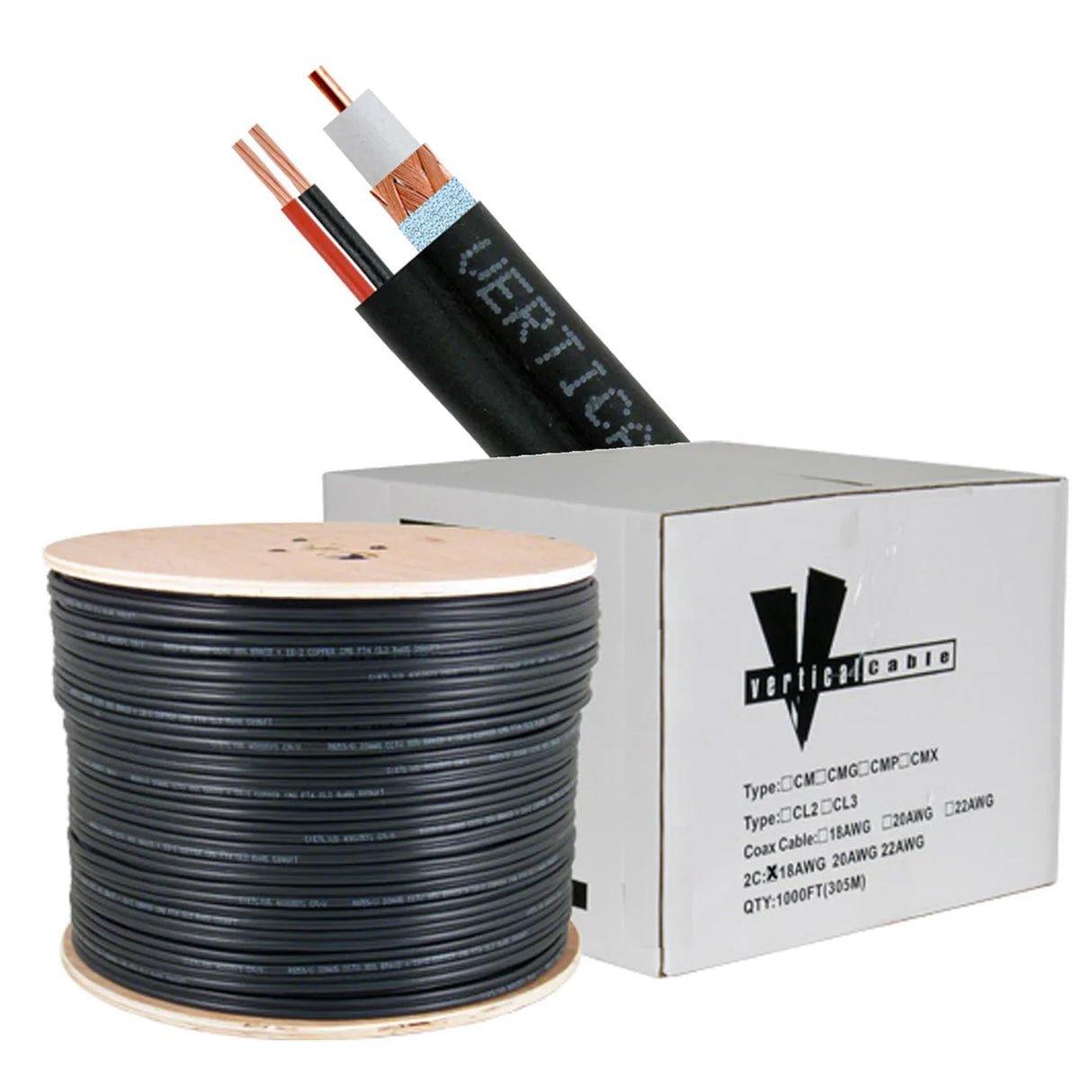 Vertical Cable (RG59-18/2 Siamese Copper Clad) 20AWG RG59 Siamese + 18AWG Power Cables, Cooper Clad Shielded Conductor, Wooden Spool, 1000ft, White