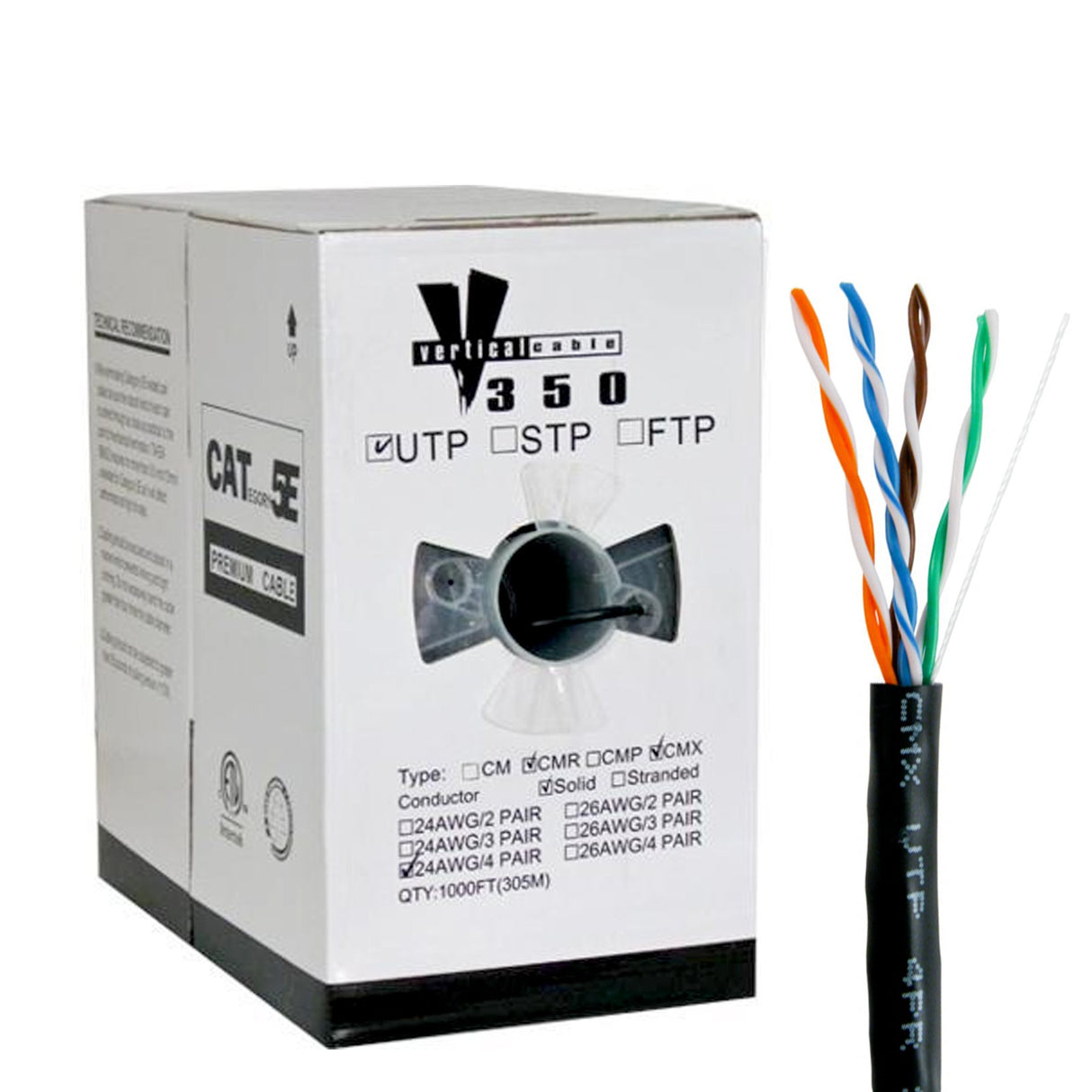 Vertical Cable (CAT5E Direct Burial) 24AWG, Solid Bare Copper, Pull Box, 1000ft, Black