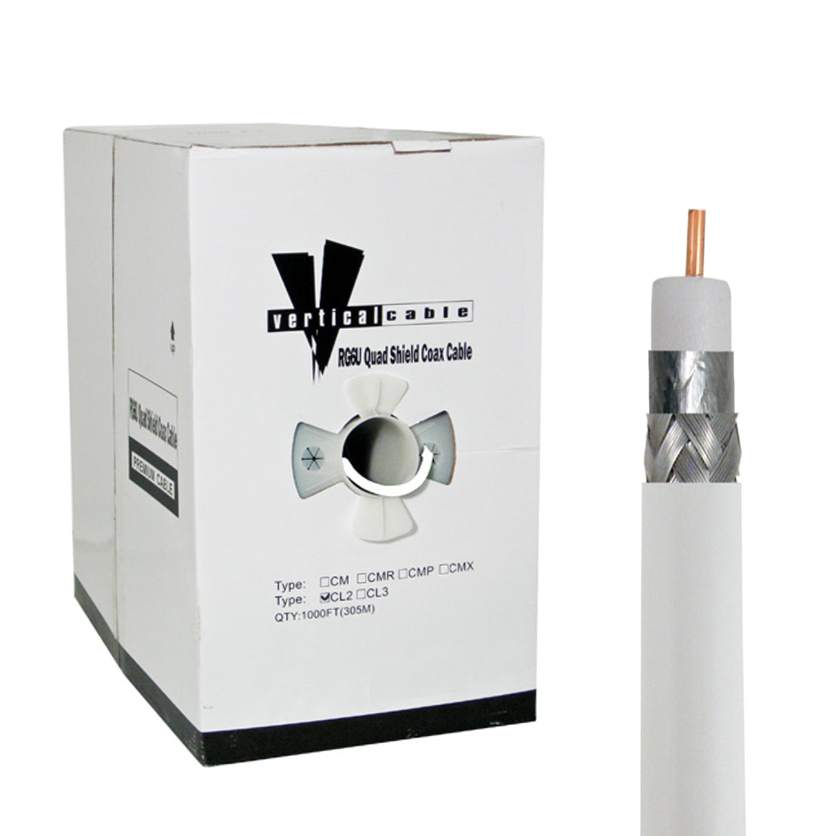 Vertical Cable (RG6U Standard Shield) RG6 Coax, 18AWG CCS Conductor, Standard Shield, Reel-in-Box, 1000ft, White / Black