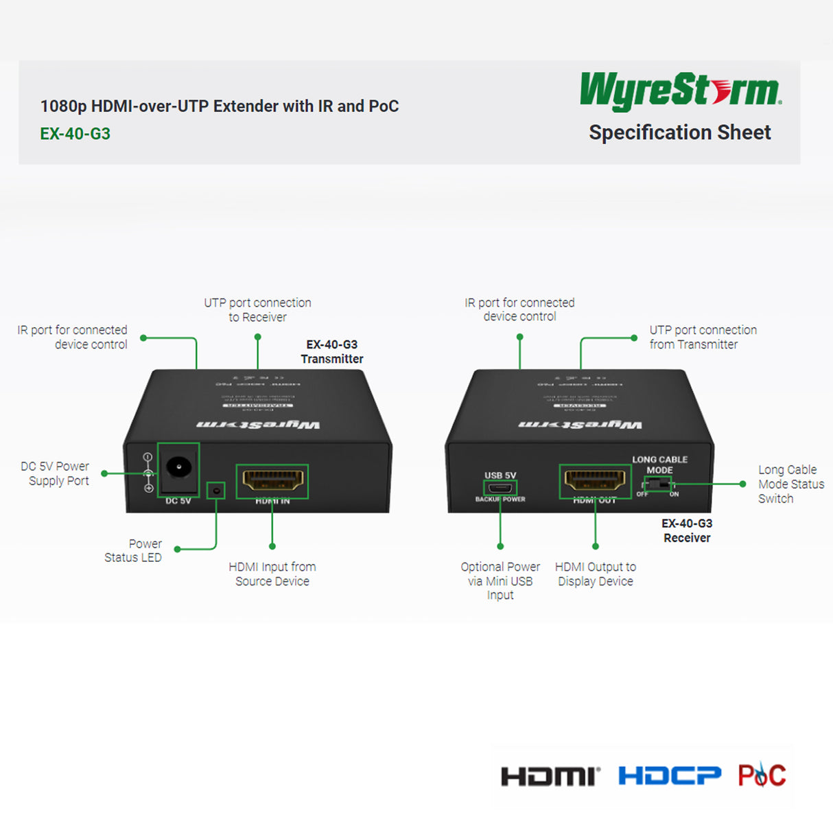 WyreStorm EX-40-G3, HDMI Extender (1080p: 40m/131ft) HDCP & PoC (Power -over-Cable) and IR