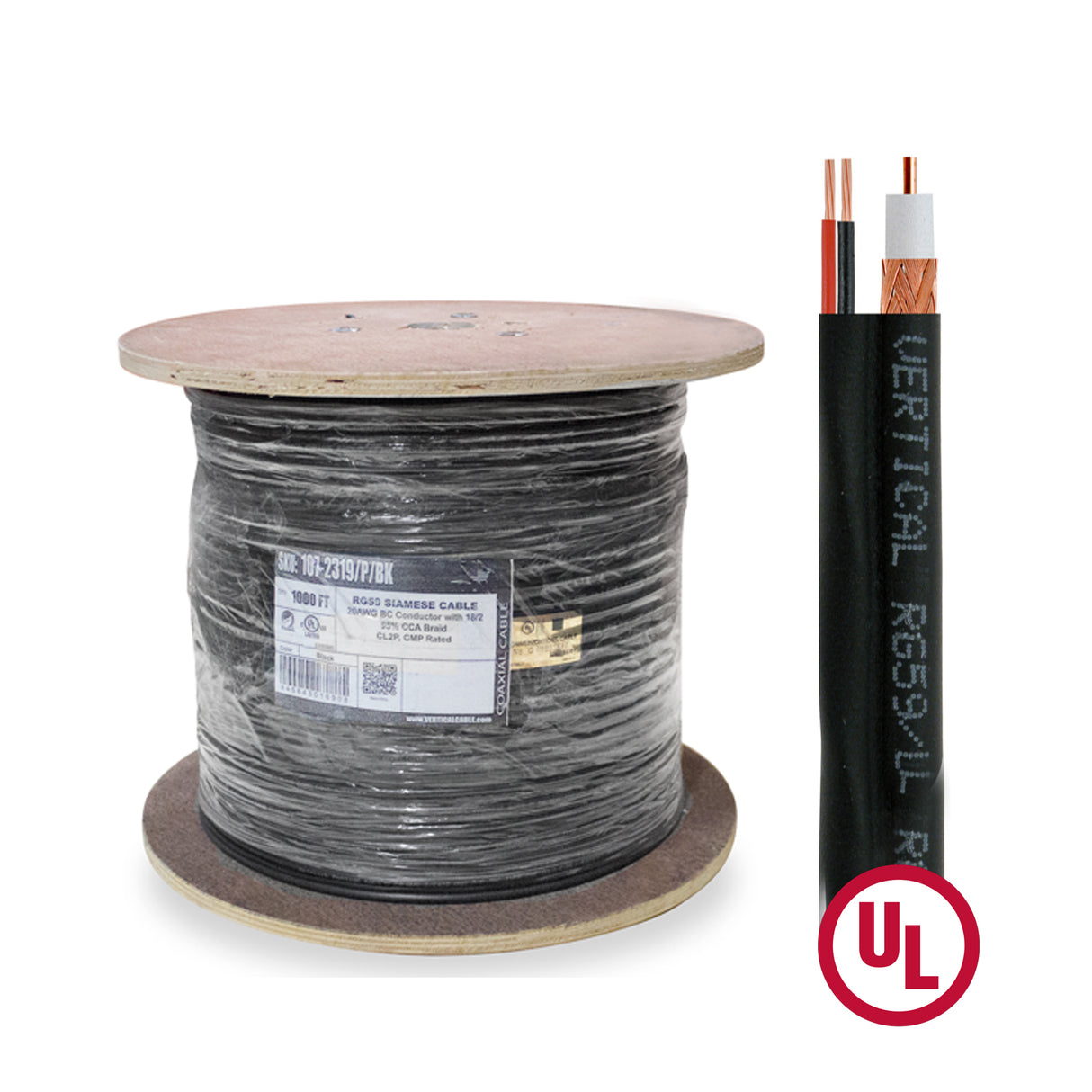Vertical Cable (RG59-18/2 Siamese Plenum) RG59 Siamese Coaxial Cable, 18/2 Power Cable, Plenum Rated, Bare Copper Conductor, Wooden Spool, 1000ft, White