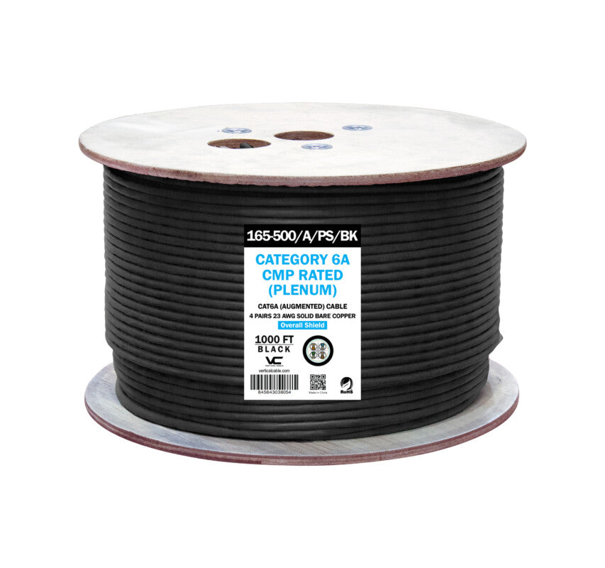 Vertical Cable (CAT6A Plenum Shielded) 23AWG, Solid Bare Copper, Plenum, Wooden Spool, 1000ft, Black