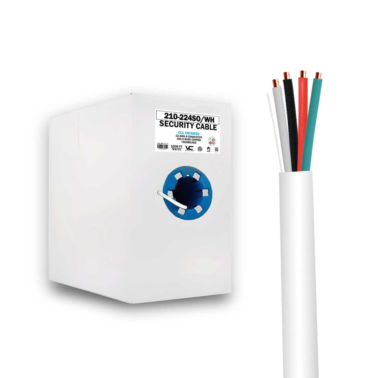 Vertical Cable (22/4 Alarm-Security Cable) 22AWG, 4 Conductor, Solid Bare Copper, Pull Box, 1000ft, White