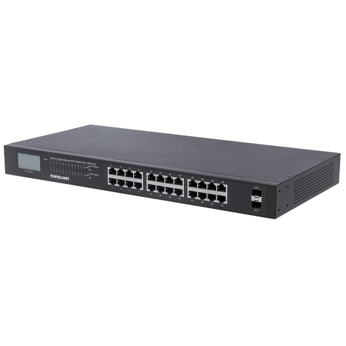 Intellinet 561242, 24-Port Gigabit Ethernet PoE+ Switch with 2 SFP Ports and LCD Screen