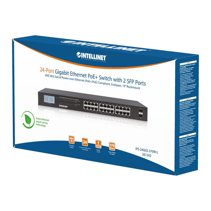 Intellinet 561242, 24-Port Gigabit Ethernet PoE+ Switch with 2 SFP Ports and LCD Screen
