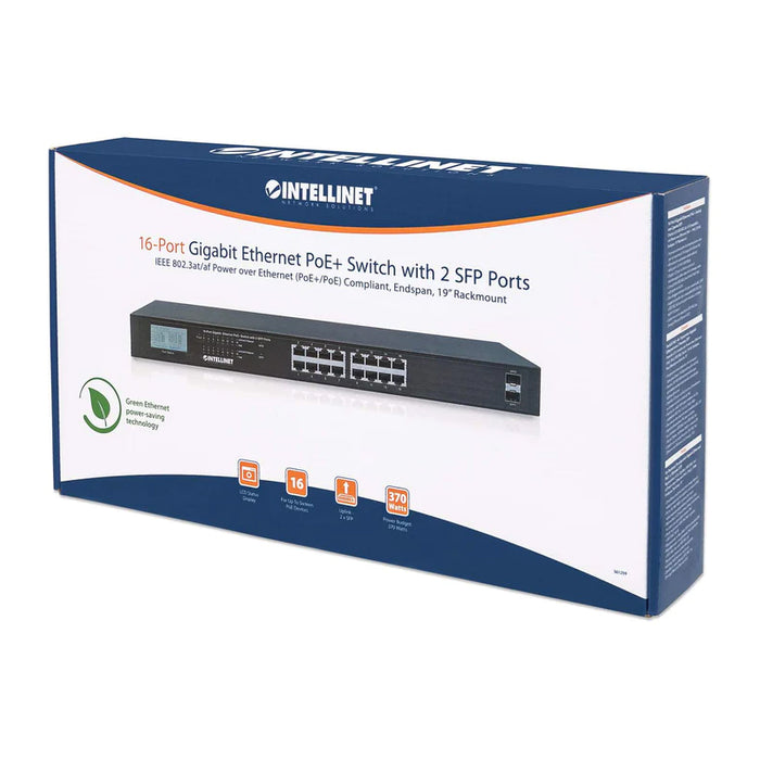 Intellinet 561259, 16-Port Gigabit Ethernet PoE+ Switch with 2 SFP Ports and LCD Screen