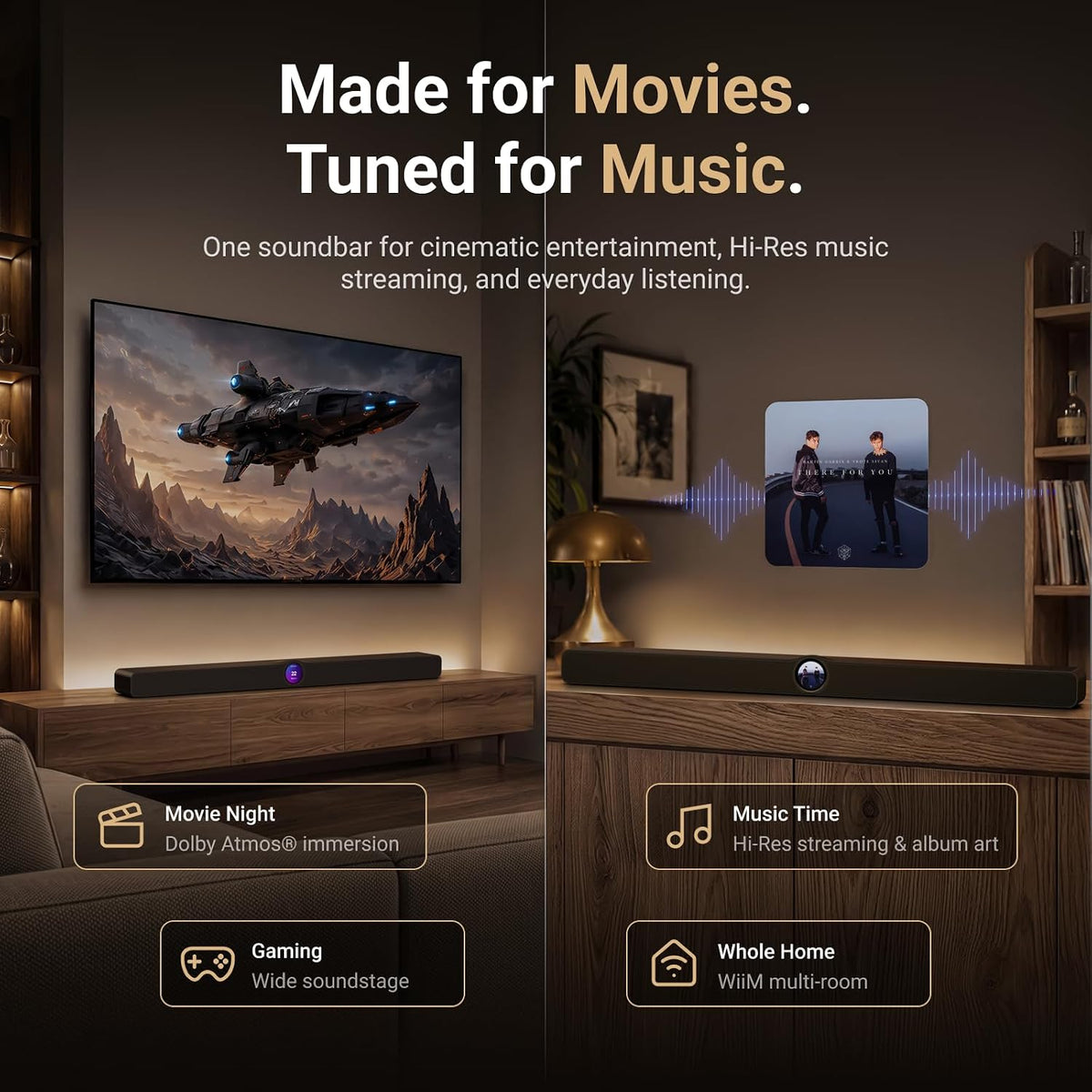WiiM Bar, 3.0.2 Dolby Atmos & DTS with HDMI eARC, Intuitive Touch Interface, RoomFit™ & Clear Voice, Remote Included. (White / Matte Black / Glossy Black)