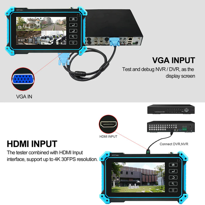 Acegear IPCT5100PLUS: support max 4K IP cameras, support 8MP CVI/ TVI/ AHD camera test, support VGA and HDMI input.