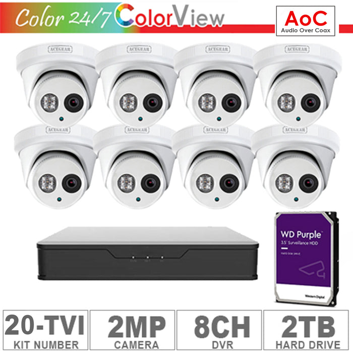 Acegear KIT-20-TVI (8 Cameras-EZ TVI 2MP AOC + 1-HD/2-TB + 1-DVR/8-CH)