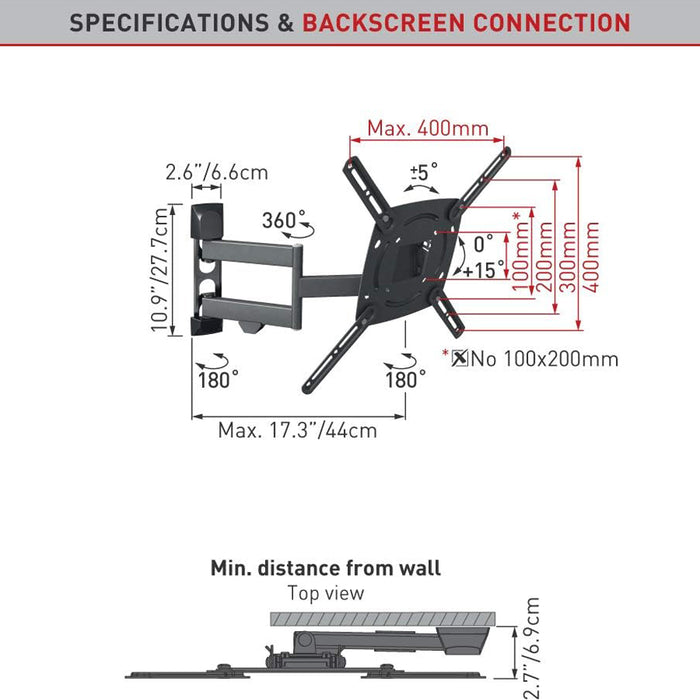 BARKAN L4TVM, Articulating 29" to 65" Full Motion  Long 17.3", 4 Movement TV Wall Mount
