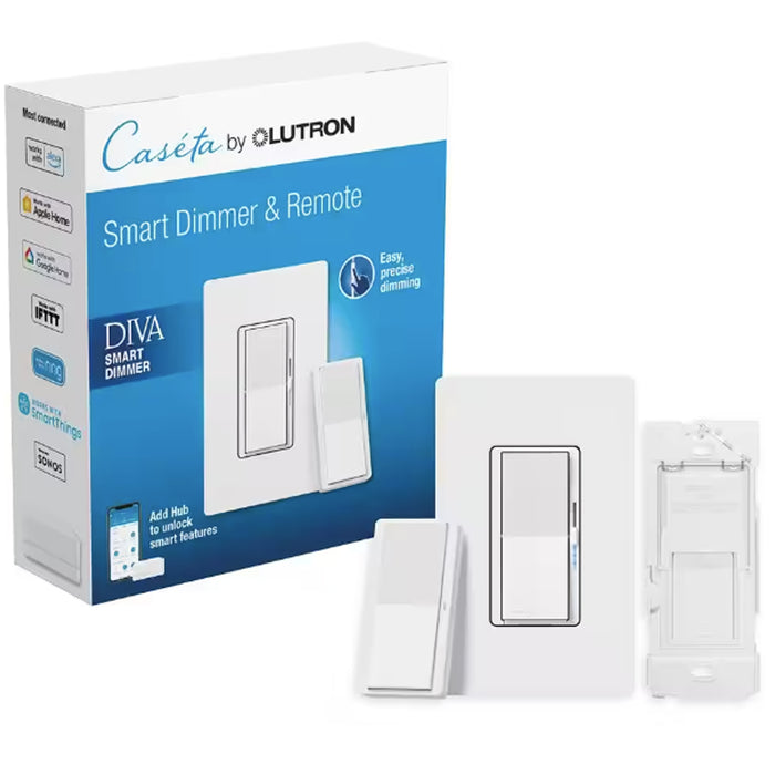 Lutron DVRF-PKG1D-WH, Caseta Wireless In-Wall Dimmer w/Pico Paddle Remote & Claro Wallplate, White